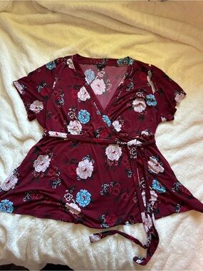 Torrid Floral Wrap Tie Waist Peplum Top - Burgundy